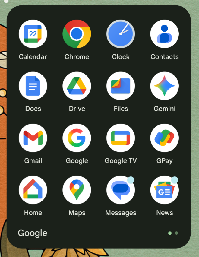A folder on an Android phone displaying icons for 16 different Google apps, and a dot indicating there is a second page with even more.